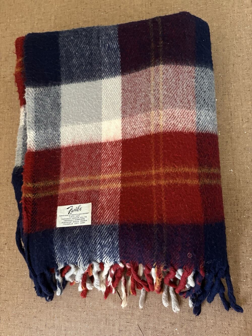 Faribo Blanket Stadium Throw Fringed Plaid Faribault Woolen Mill 52x56”